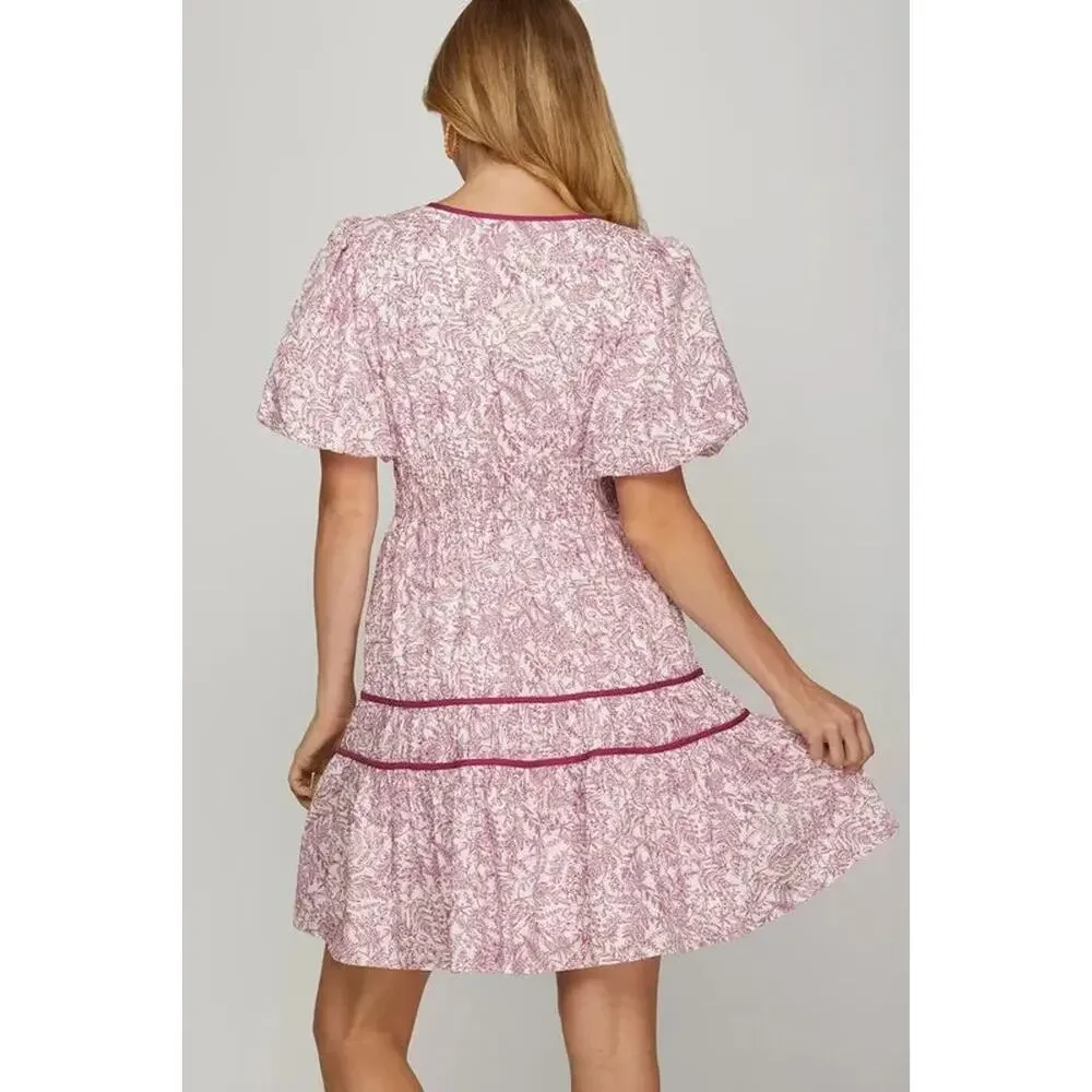 She + Sky Full Size Printed V-Neck Puff Sleeve Tiered Dress Plus Size - Picture 3 of 6